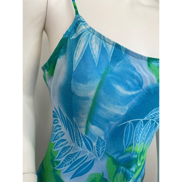 Women’s MIDI Dress 8 Spaghetti Straps High Low Ruffled Hem Blue Green Palm Trees - Picture 7 of 14